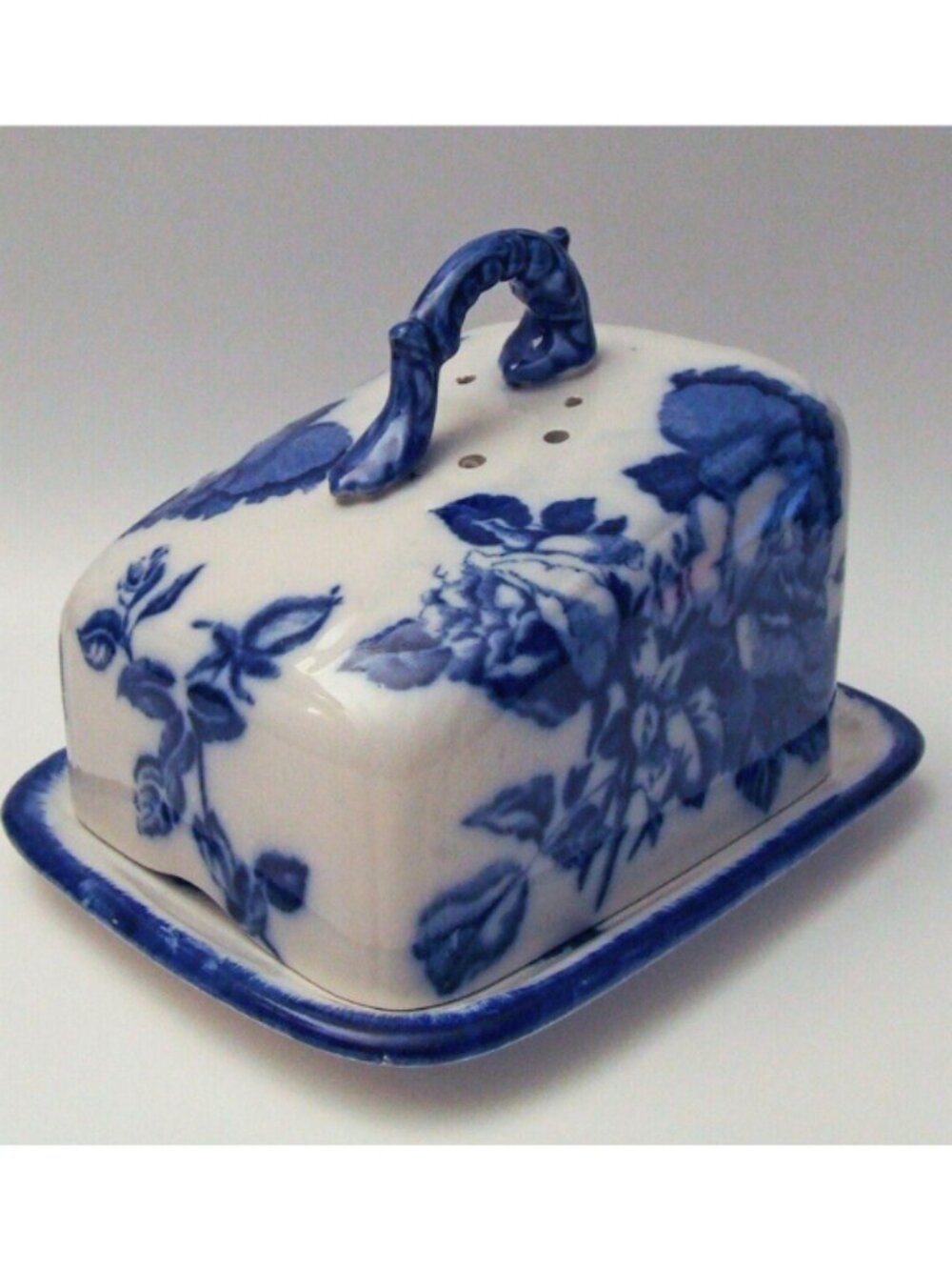 Flow Blue Staffordshire White/Cobalt Blue Cabbage Roses Ironstone Cheese Dish